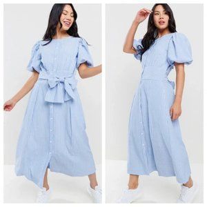 Blue and White Striped Balloon Sleeve Self-Tie Long Dress - Small